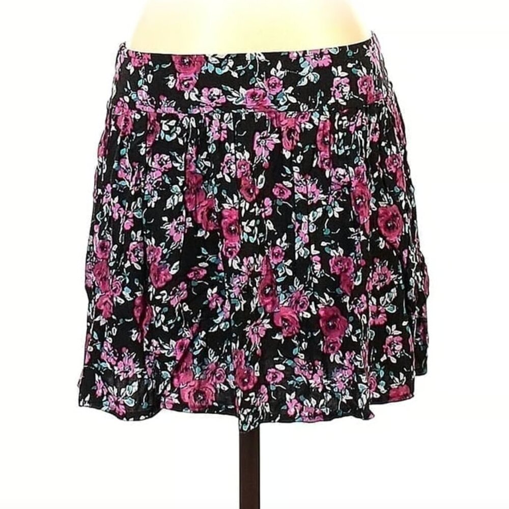 LUCY LOVE Black Pink Green Floral Pull On Elastic Mini A-Line Skater Skirt 2010s